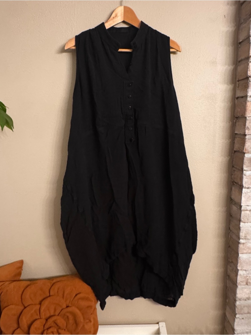 LAPARGAY Black Crinkle Gauze Cocoon Dress Mandarin Collar Artsy Lagenlook